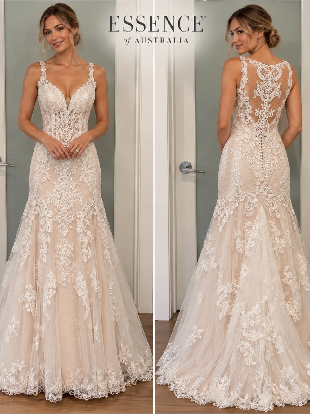 Essence of Australia Lace Boho Illusion Back Bridal Gown Wedding Dress in White